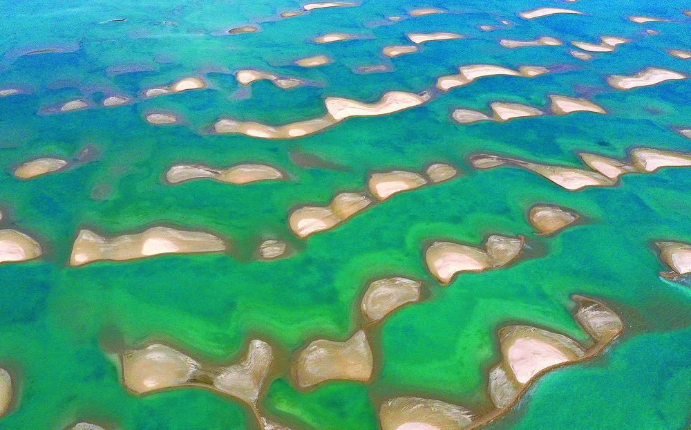 這是青海湖鳥島濕地一景（2020年7月10日攝，無人機(jī)照片）。 新華社記者 張宏祥 攝