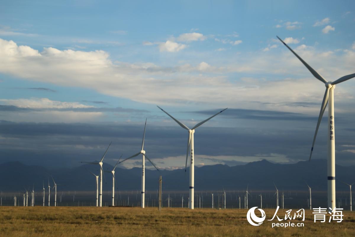 青海大地，風(fēng)力發(fā)電機(jī)隨風(fēng)旋轉(zhuǎn)，發(fā)出“綠電”。人民網(wǎng)記者 楊啟紅攝